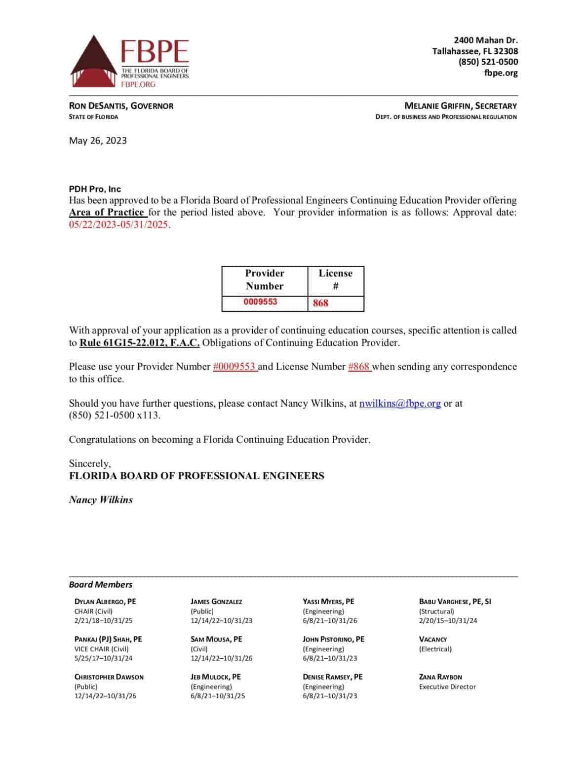 FBPE Approval letter for PDH Pro