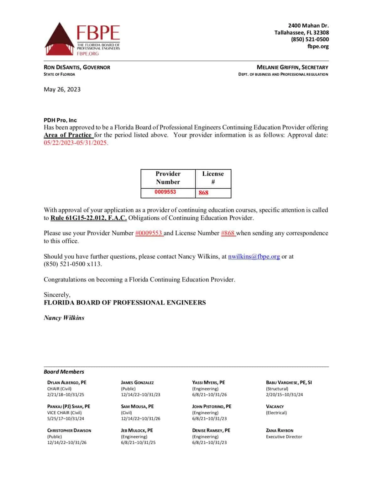 FBPE Approval letter for PDH Pro