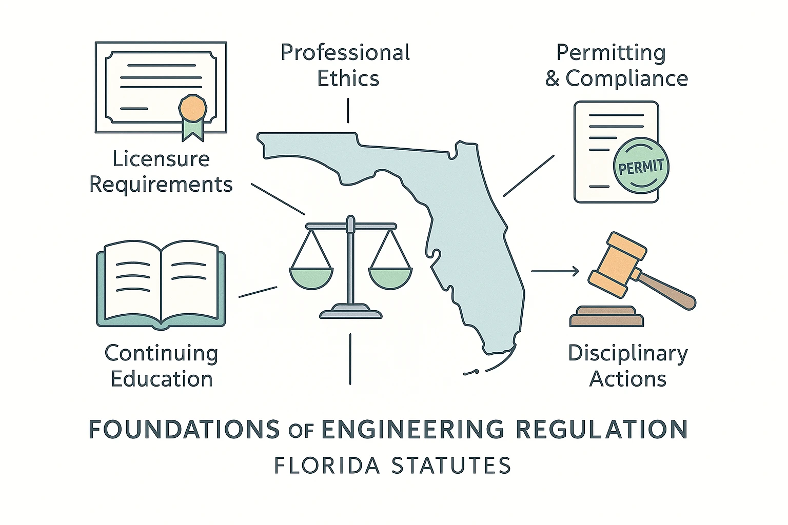 Minimalist infographic on Florida engineering regulation, featuring a pastel blue Florida outline center, radiating to sections labeled Licensure Requirements, Professional Ethics, Permitting & Compliance, Continuing Education, and Disciplinary Actions, each with flat modern icons and neat sans-serif text on a white background.