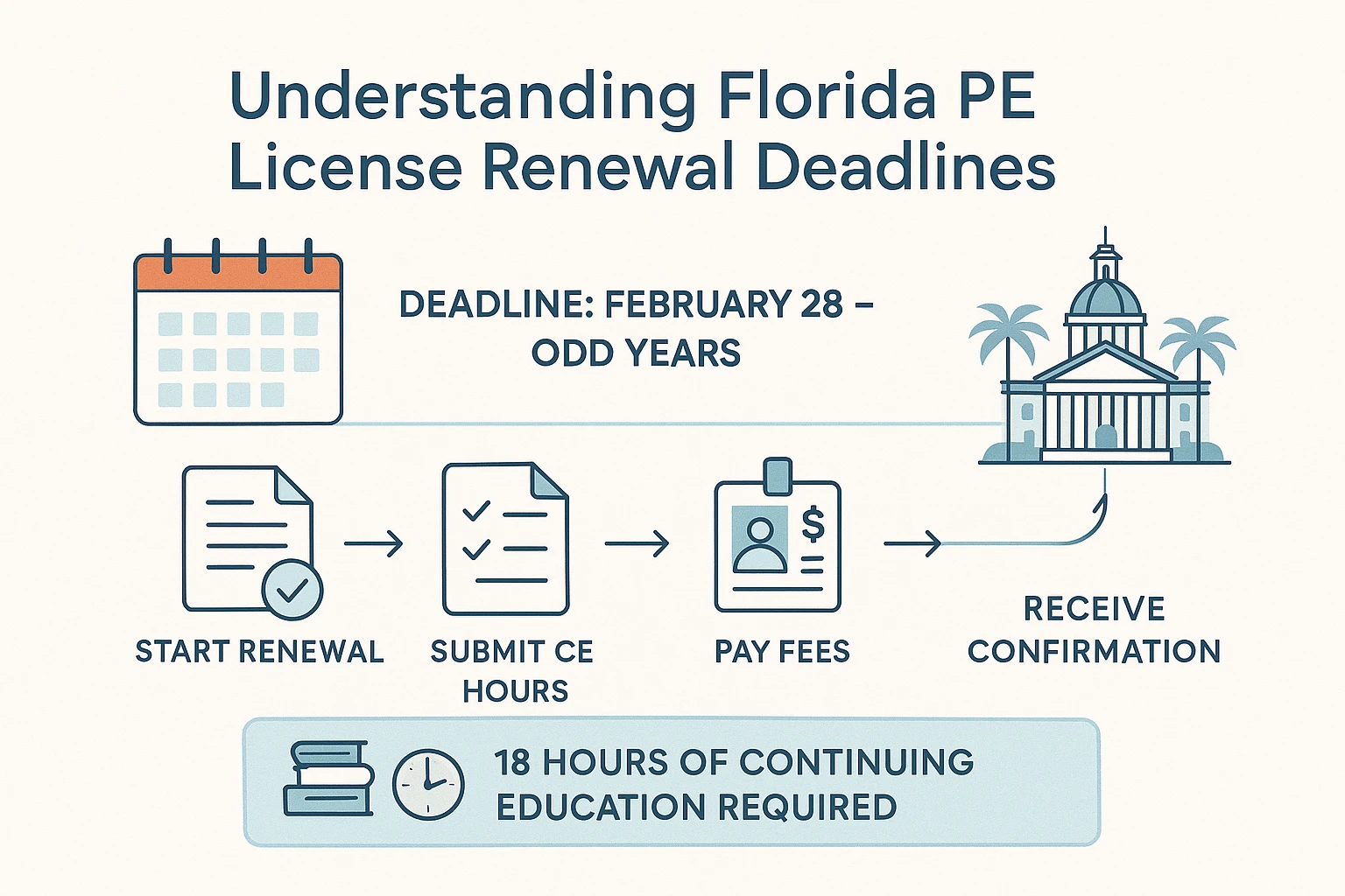 Infographic showing Florida PE license renewal deadlines: biennial cycle, key dates; February 28 (odd years), steps from renewal start to confirmation, and 18 hours of required continuing education, with vector icons including calendar, checklist, ID badge, books, laptop, and Florida capitol.