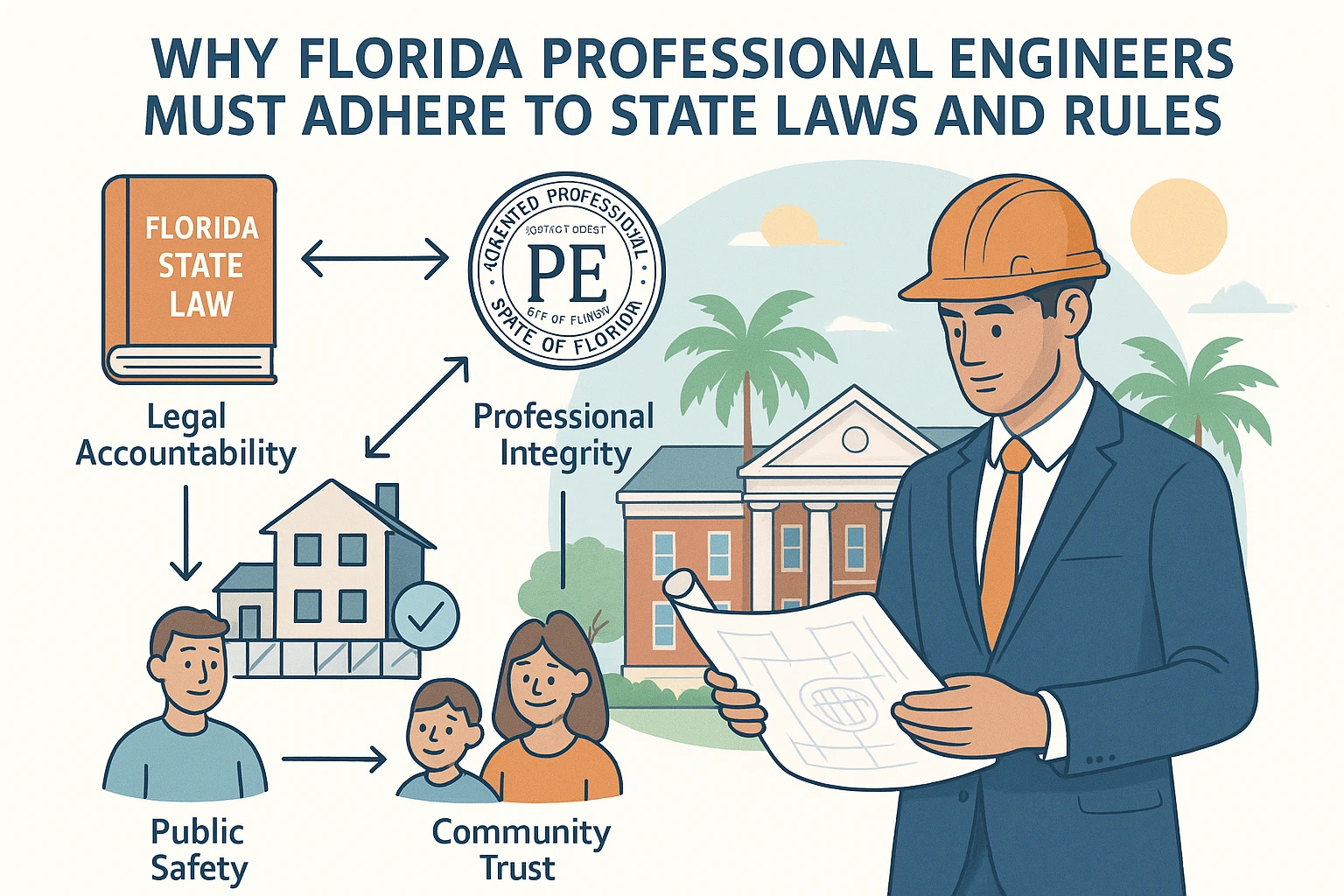 Infographic showing a civil engineer in hardhat with blueprints before a Florida government building, surrounded by icons for state law, engineering seal, safe building site, and happy community. Arrows connect elements labeled Public Safety, Legal Accountability, Professional Integrity, and Community Trust.