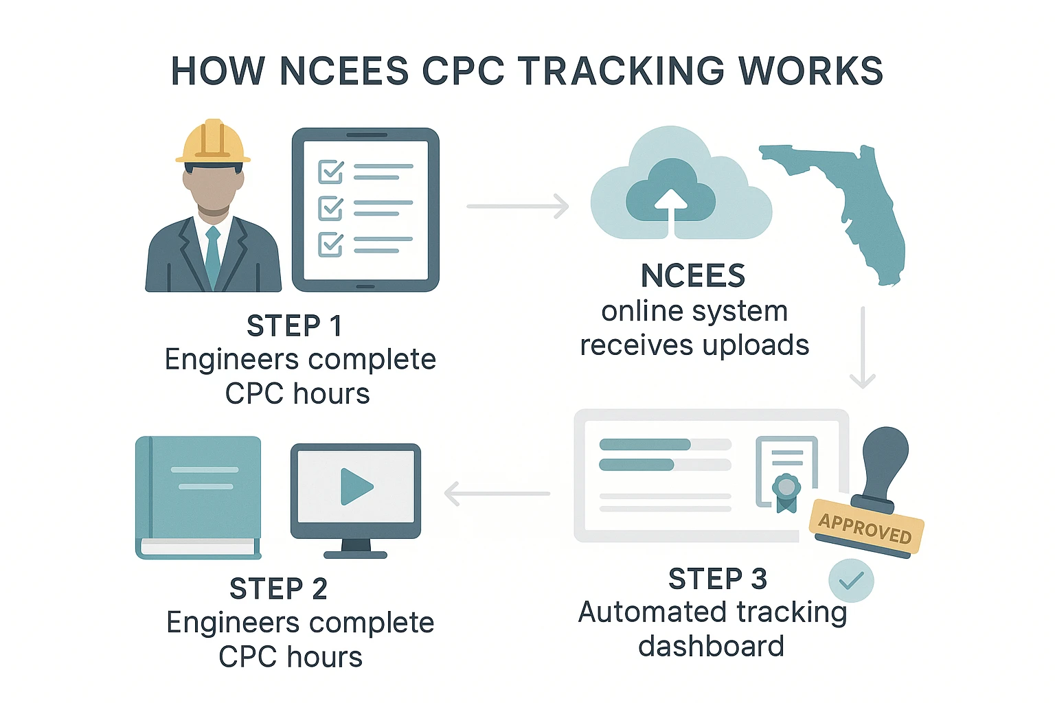 Minimalist infographic showing step-by-step NCEES CPC tracking for Florida engineers: professional icon, digital checklist, learning module icons, upload to Florida system, automated dashboard, and board review with progress indicators. Blue, teal, and gray on a white background with clear flow arrows.