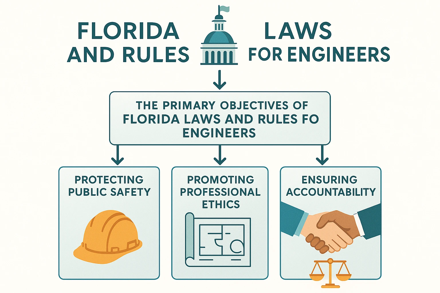 Infographic poster illustrating the purpose of Florida laws for engineers, featuring a flowchart from the Florida capitol icon to sections on public safety, ethics, and accountability with vector illustrations, labels, and a clean, modern design in blues, greens, and orange accents.