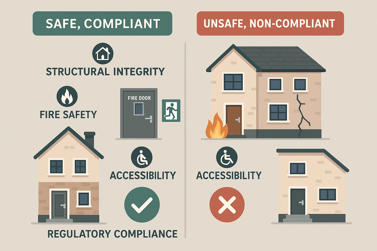 Infographic comparing compliant and non-compliant buildings, using clear vector icons to illustrate fire doors, egress routes, accessibility features, and structural integrity. Labeled sections emphasize fire safety, accessibility, and regulatory compliance for safe design and construction.