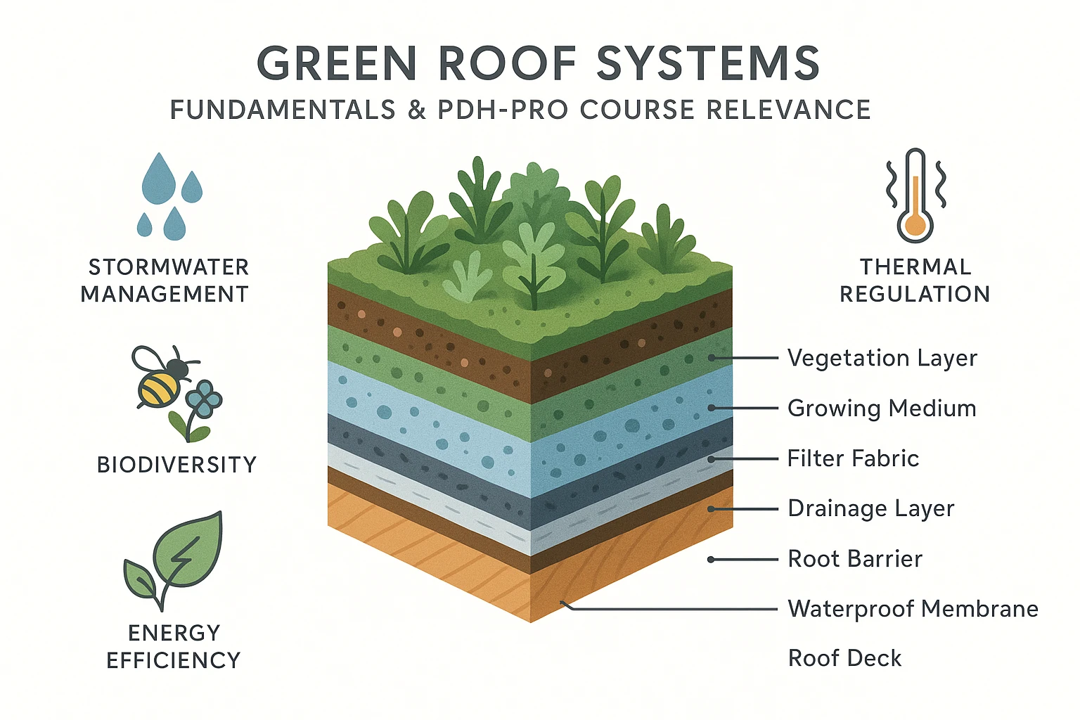 Educational infographic showing a cross-section of green roof layers—vegetation, growing medium, filter fabric, drainage, root barrier, waterproof membrane, and roof deck—with labeled arrows and icons illustrating benefits like stormwater management, thermal regulation, biodiversity, and energy efficiency. Title emphasizes PDH-Pro course relevance.