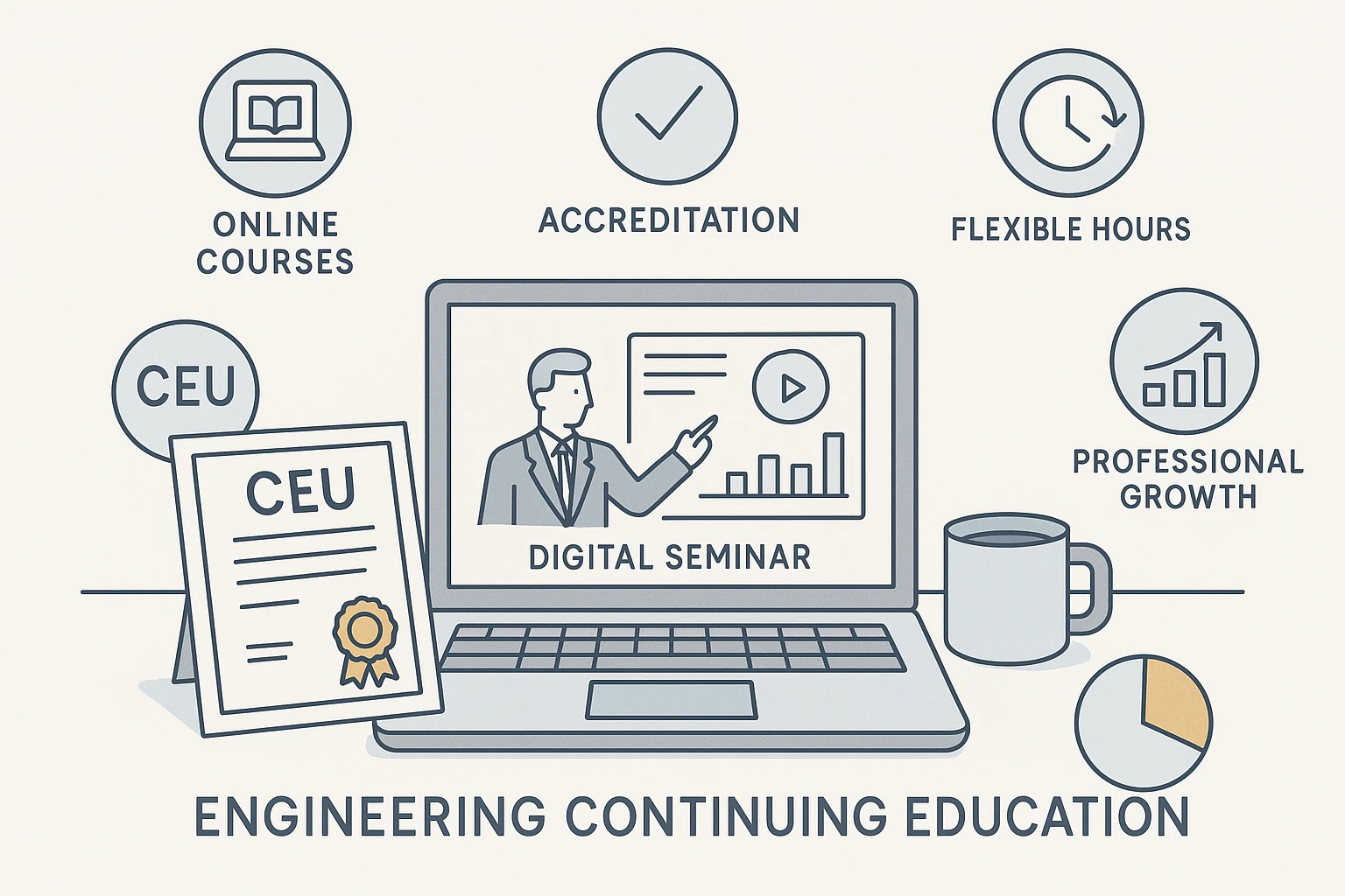 Minimalist infographic of an engineer’s workspace with laptop, CEU certificate, digital seminar, and coffee mug, surrounded by icons for online courses, accreditation, flexible hours, credit pie chart, and professional growth, highlighting accessible continuing education for engineers in blue, grey, and gold colors.