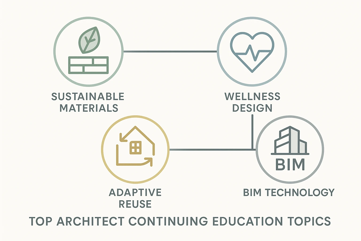 Minimalist infographic highlighting top architect CEU topics: sustainable materials, wellness design, adaptive reuse, and BIM technology. Stylized icons and modern labels connect each topic, using soft greens, blues, grays, and golds on a clean white background.