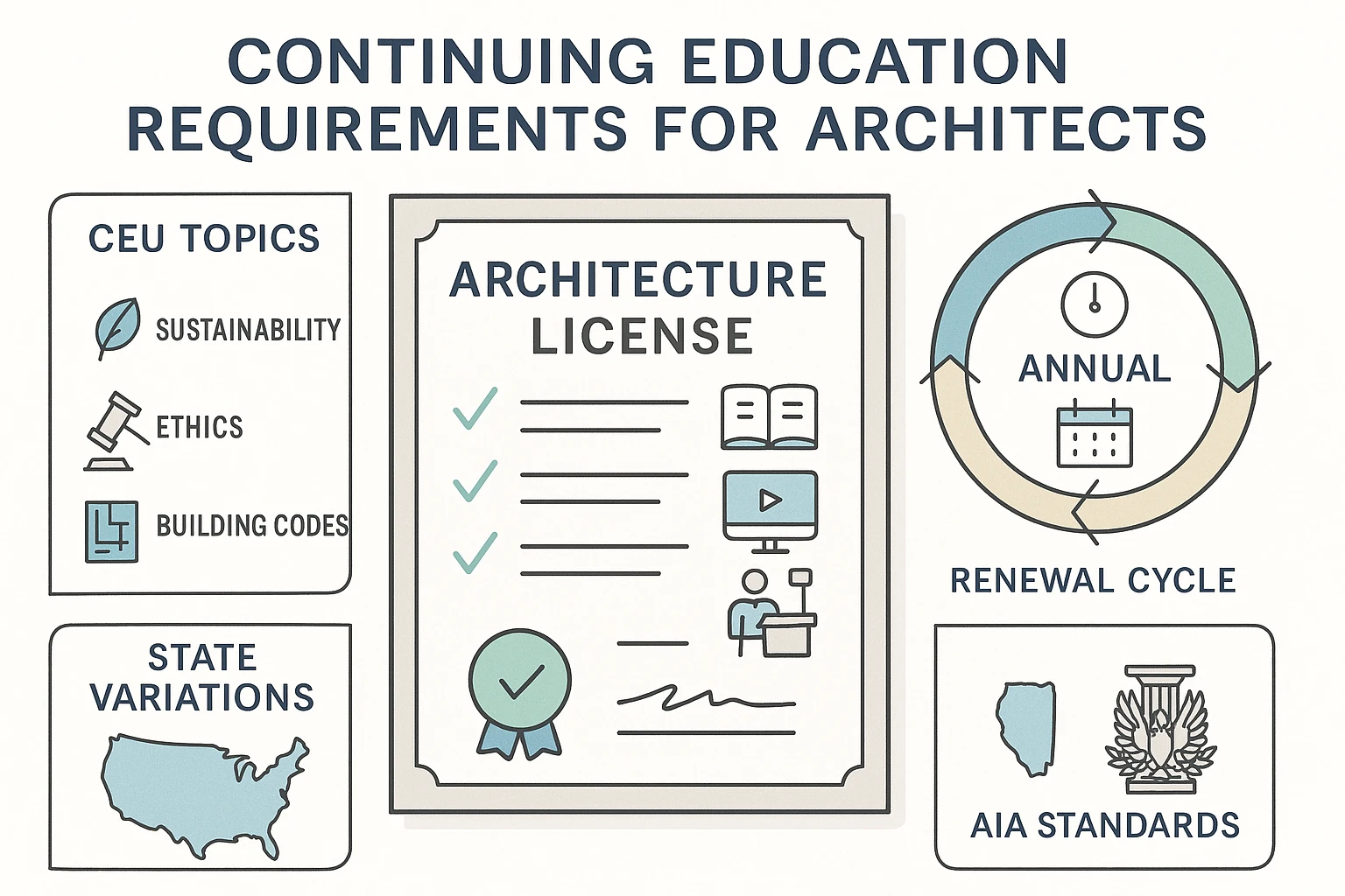 Infographic illustrating continuing education requirements for architects in the US, featuring a license certificate, renewal cycle timeline with calendar icons, learning module symbols, and minimalist side panels covering CEU topics like sustainability, ethics, and building codes. Additional callouts for state variations and AIA standards.