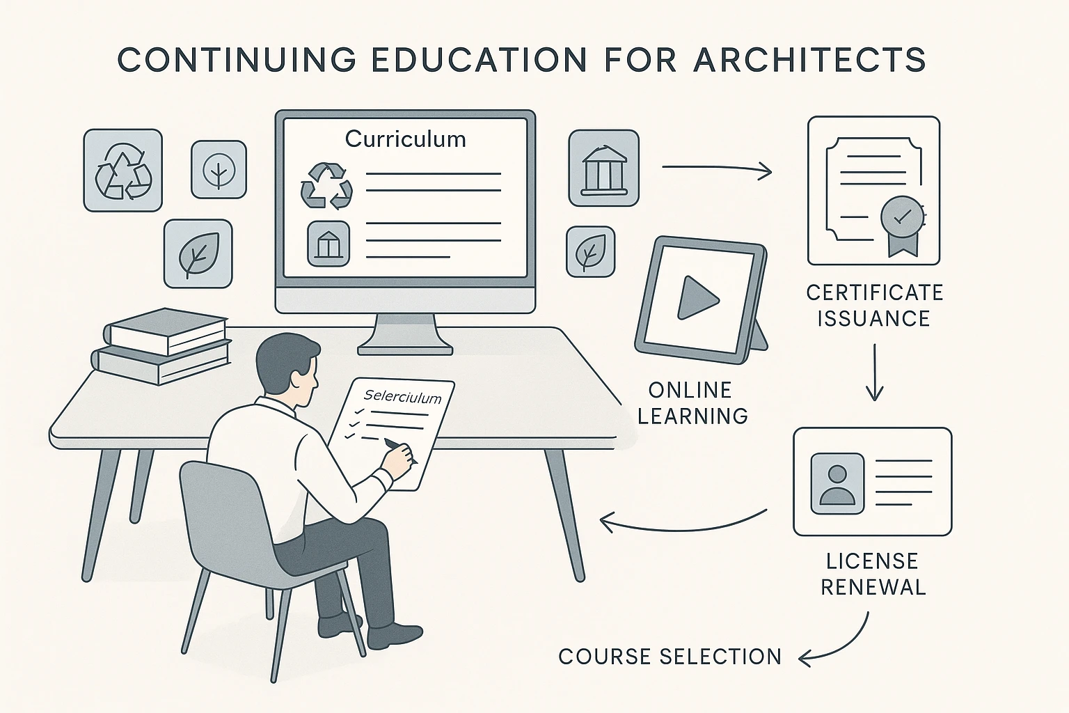 Minimalist infographic showing an architect at a desk reviewing a curriculum on a large screen, surrounded by icons for sustainability, building codes, and green design, with arrows guiding through course selection, online learning, certificate issuance, and license renewal.
