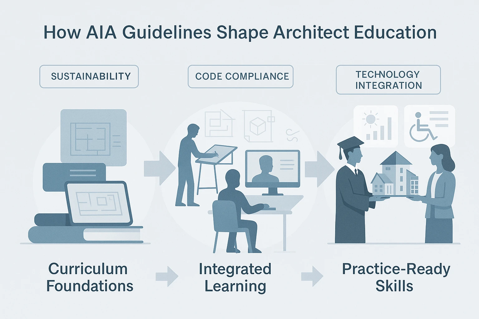 Minimalist infographic showing how AIA guidelines influence architect education. Three sections with icons illustrate curriculum foundations, integrated learning, and practice-ready skills. Highlights include textbooks, students drafting, and graduates with sustainable models. Key callouts note sustainability, code compliance, and technology integration in a clean, modern design.