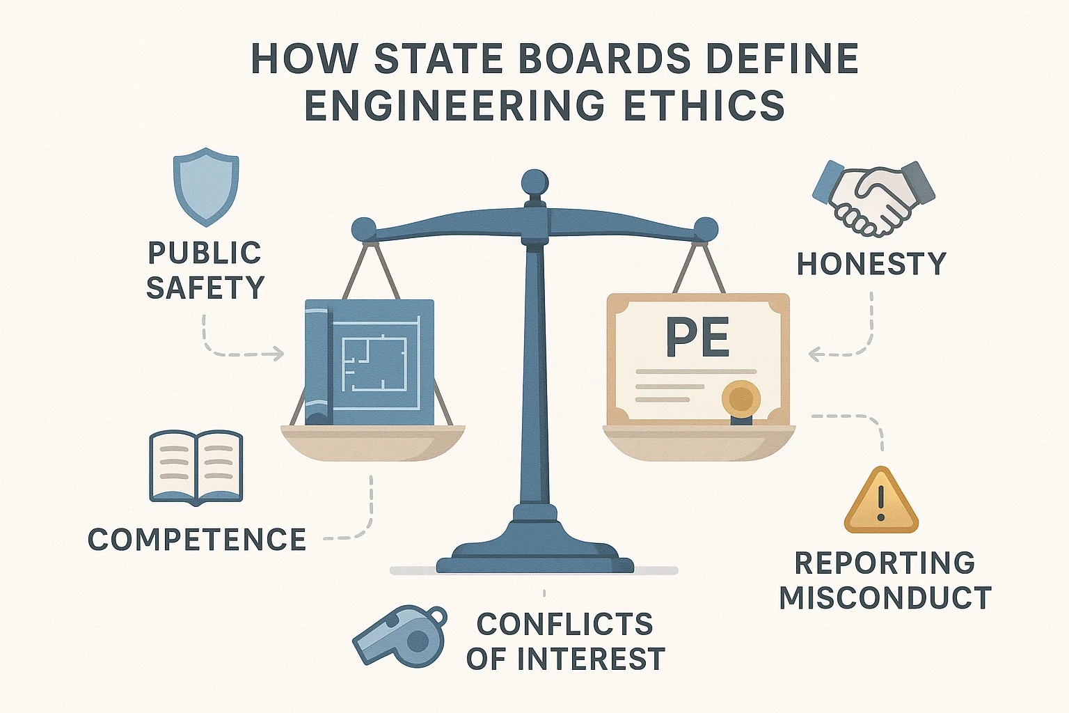 Minimalist infographic showing a balanced scale with a blueprint and PE certificate, surrounded by five sections with icons and brief phrases highlighting public safety, honesty, competence, conflicts of interest, and reporting misconduct, illustrating how state boards define engineering ethics.