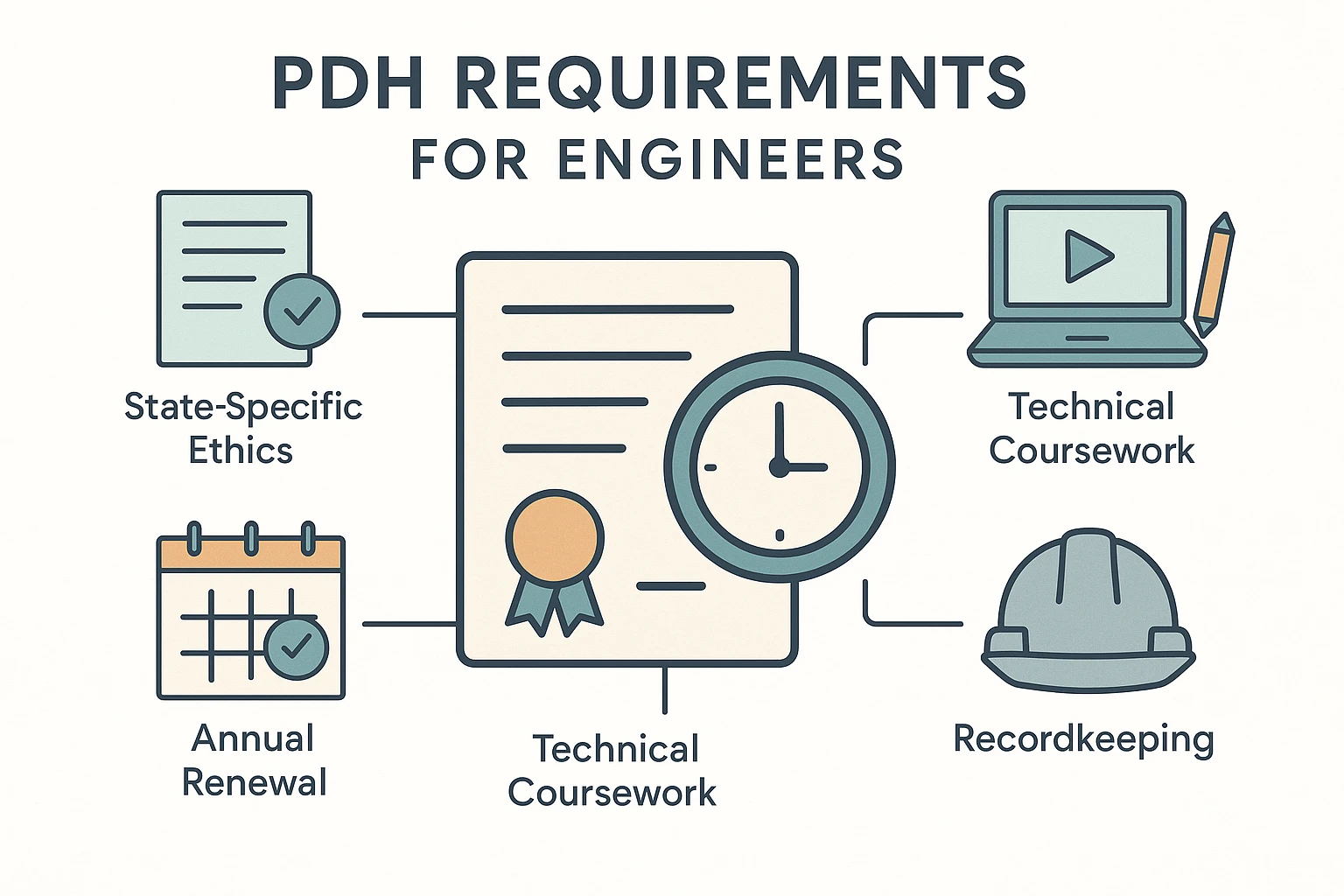 Minimalist infographic showing PDH requirements for engineers, with certificate and clock icons at center. Surrounding icons represent ethics, technical coursework, safety, and seminars, plus calendar, pencil, laptop, and hard hat. Clear labels, clean fonts, and muted colors communicate continuing education requirements.