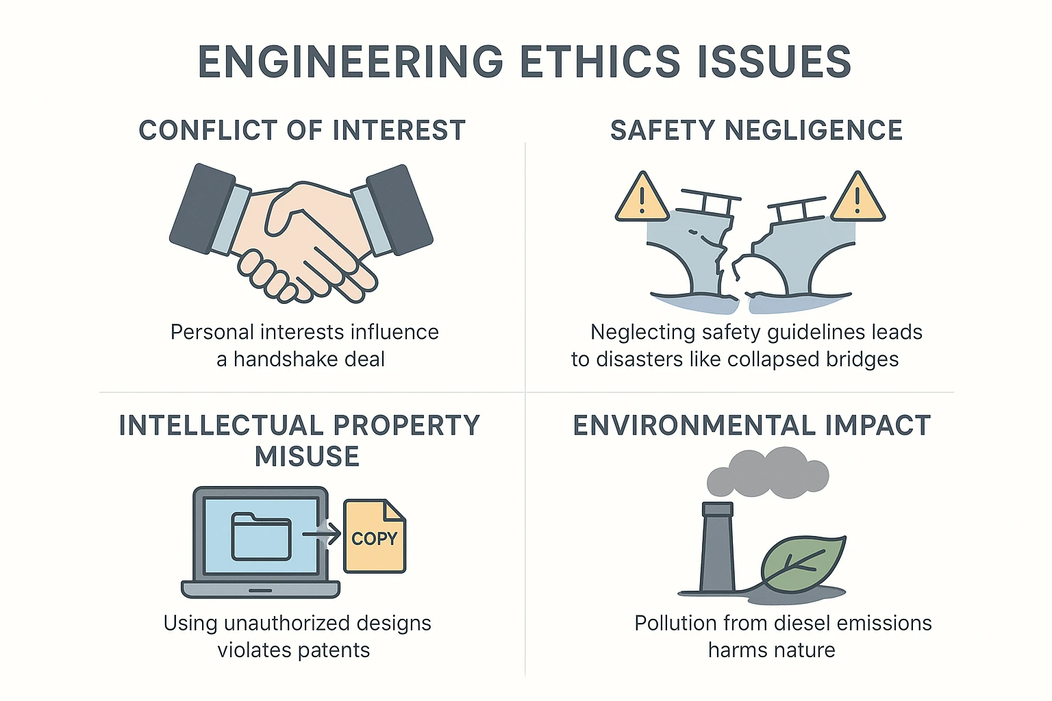 Minimalist infographic illustrating four engineering ethics issues: conflict of interest, safety negligence, intellectual property misuse, and environmental impact, each with distinct flat icons and concise real-world example explanations. Clean, professional layout with soft colors, ideal for educational or workplace settings.