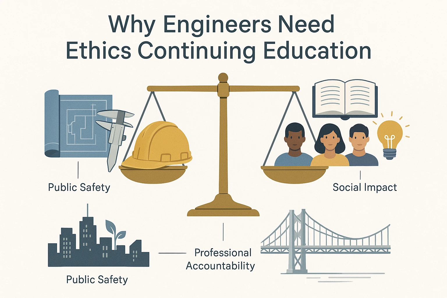 Minimalist educational poster showing a balanced scale with engineering tools on one side and ethical responsibility icons on the other, annotated with labels like 'Public Safety,' 'Social Impact,' and 'Professional Accountability' against a clean, spacious white background.