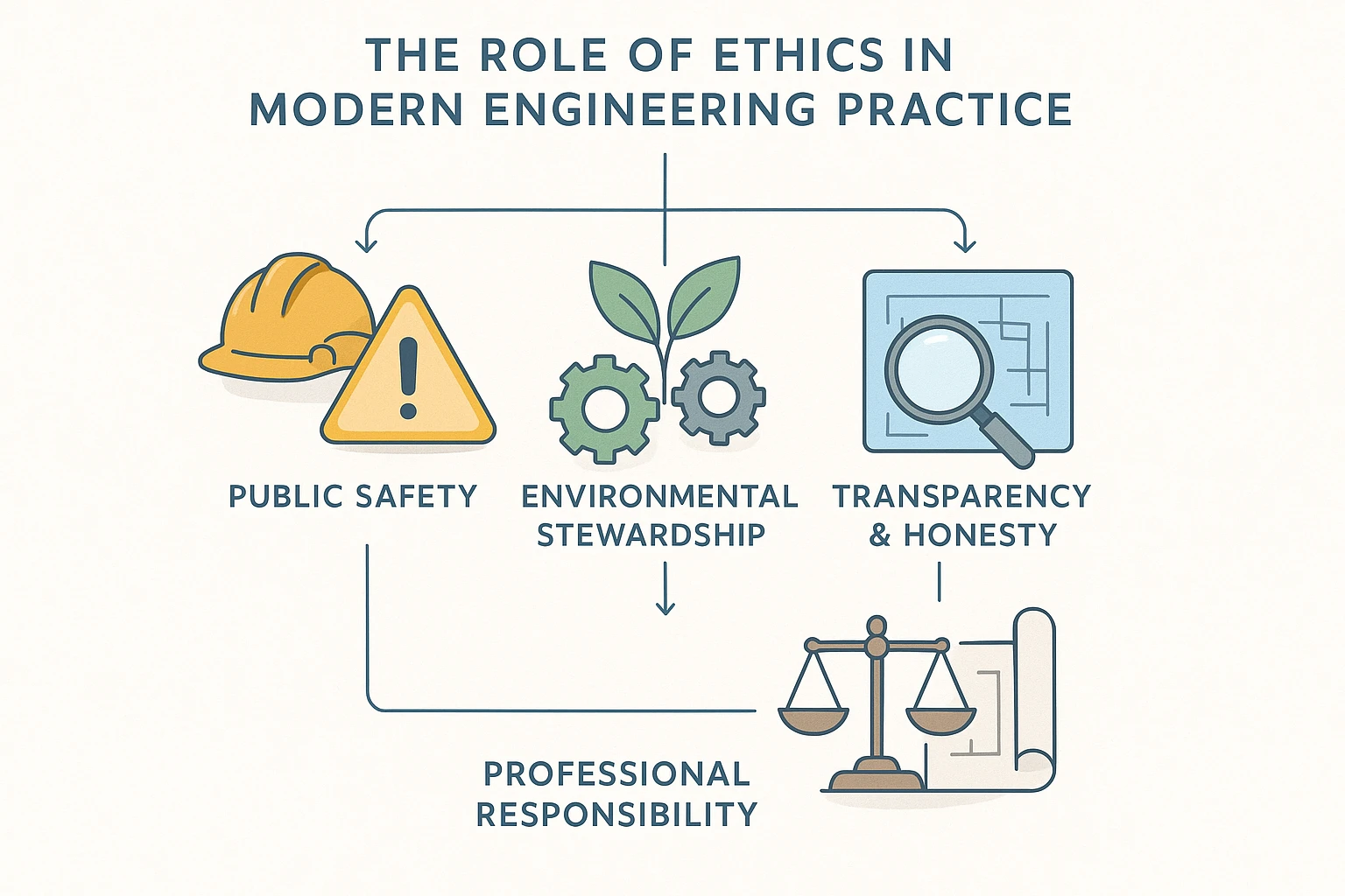 Minimalist infographic showing a vertical flowchart on ethics in modern engineering, featuring icons for public safety, environmental stewardship, transparency, and professional responsibility. Soft colors, thin lines, and subtle shadows highlight each section, with concise titles for educational clarity and professional inspiration.